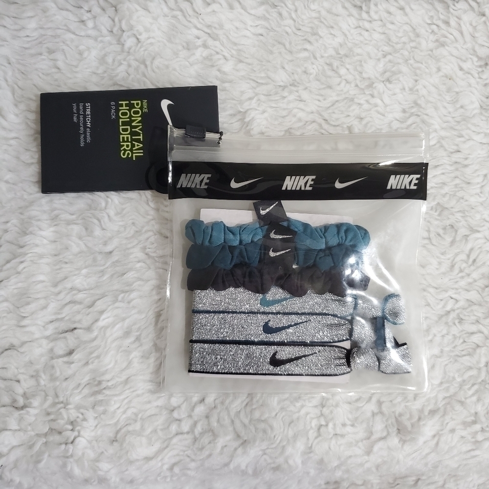 Nike Swoosh Silver Black Teal Tourquise Hair Ties Ponytail Holders 6 Pack NWT